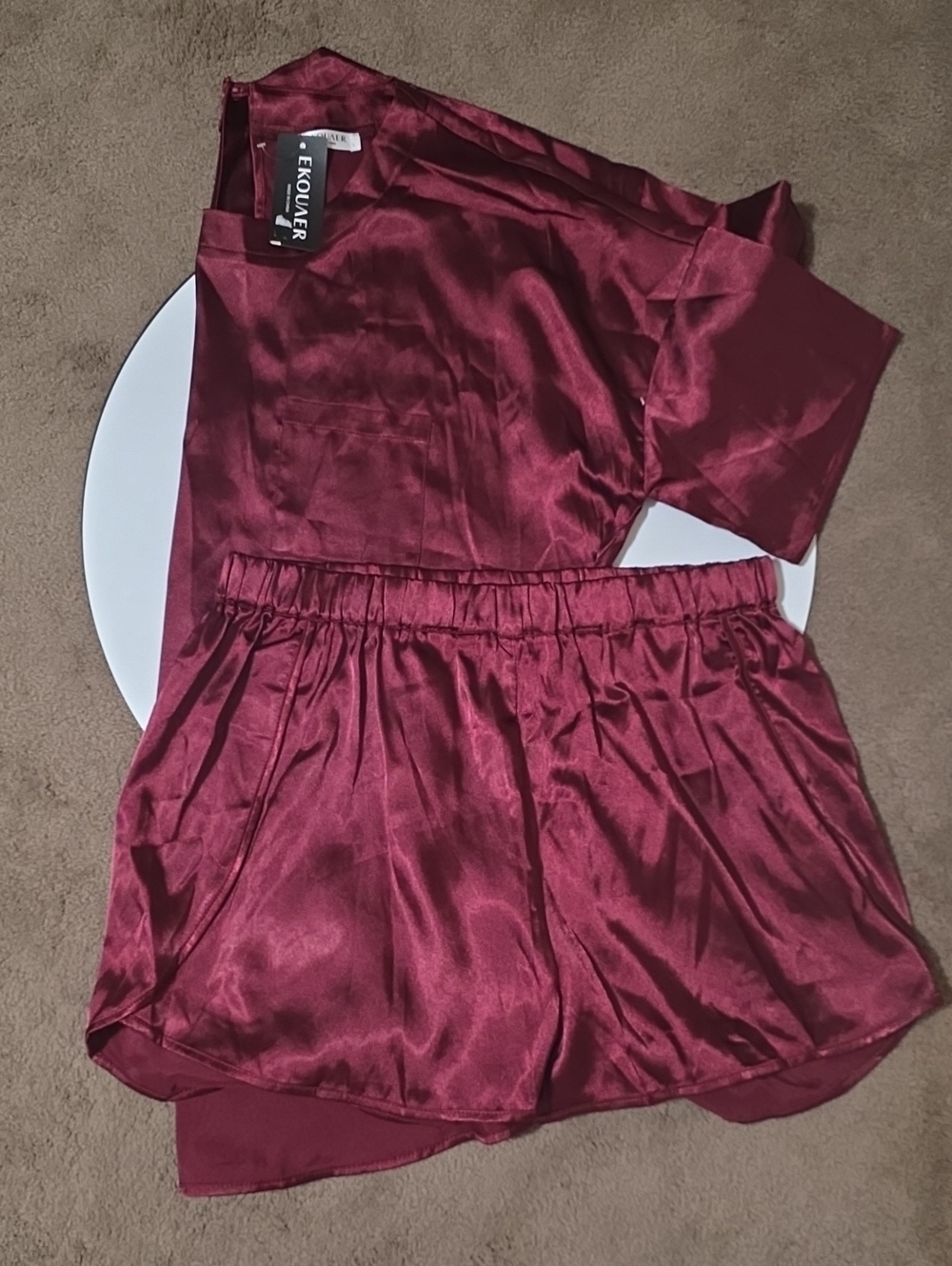 Ekouaer Women's Satin Pajama Set in Burgundy